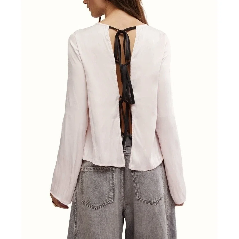 Free People Arabella Blouse Tie Back Pink Sz XS NWT Romantic Coquette Balletcore